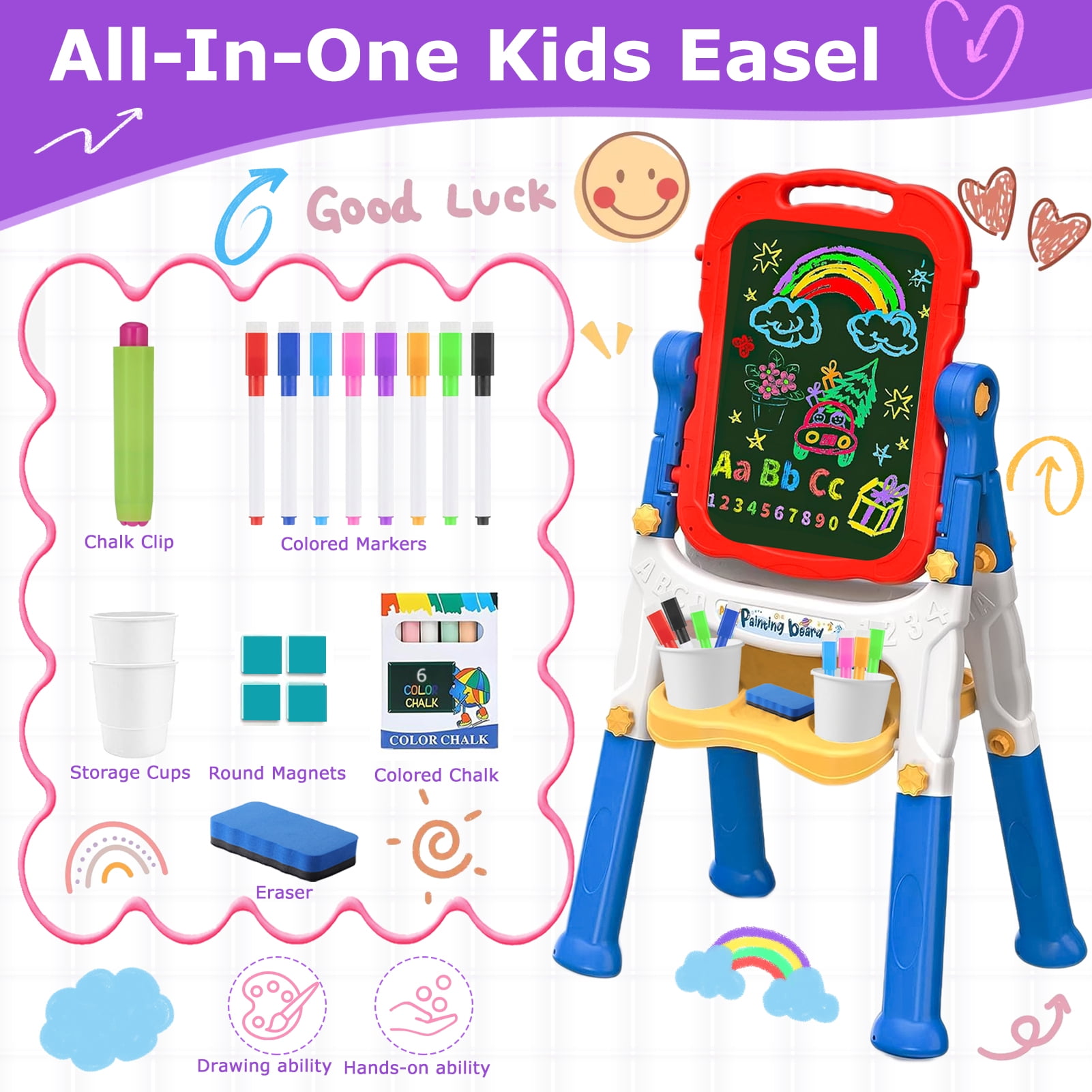 Sunforu Double-Sided Magnetic Kid Art Easel, Complete Drawing Station with Whiteboard and Chalkboard, Height-Adjustable, Blue
