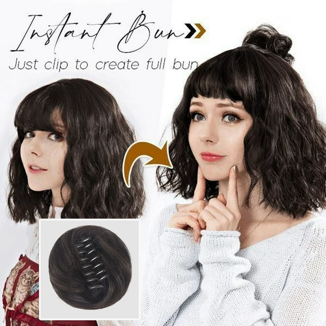 Pelucas con flequillo para mujer, peluca ondulada suelta, moño desordenado, peluca con clip fácil, cabello con clip para mujer, rizador de cabello natural, cabello de moda