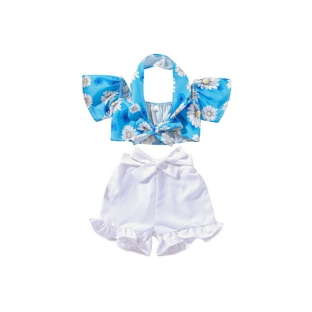 

Sunisery Toddler Kids Girls 2Pcs Outfits Daisy Print Halterneck Off-Shoulder Short Sleeve Tops + Strappy Shorts Set Light Blue 1-2 Years