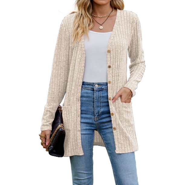 Cardigan for Women Solid Long Sleeve Ribbed Knit Open Front Button Fall