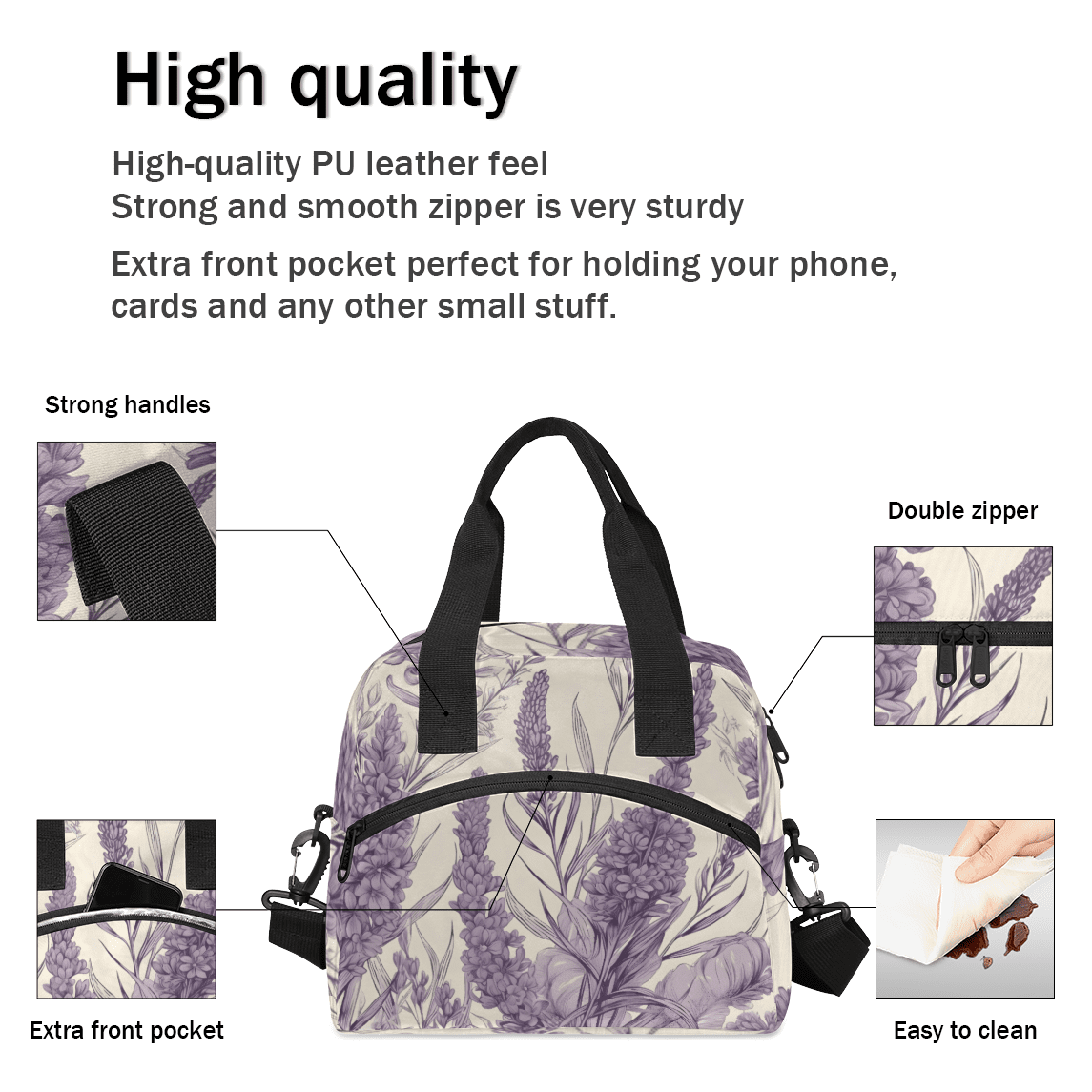 Herdesigns Purple Lavender Flowers Insulated Lunch Bag for Women Men Adults Large Reusable Lunch Box Leakproof Portable Cooler Tote Bags with Adjustable Shoulder Strap