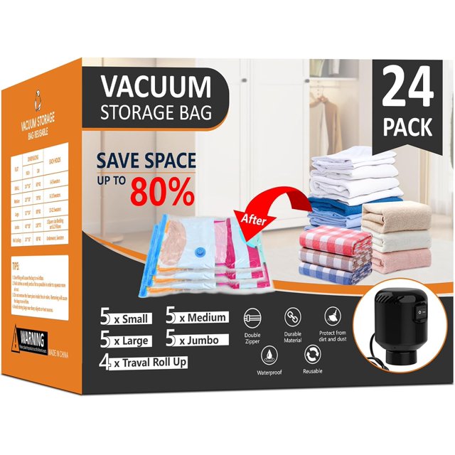 AIR-24 Pack Vacuum Storage Bags, Space Saver Bags, Compression for Comforters and Blankets, Plush Toy, Sealer Clothes Storage (5 Jumbo/5 Large/5 Medium/5 Small/4 Roll) Electric Vacuum Pump Included