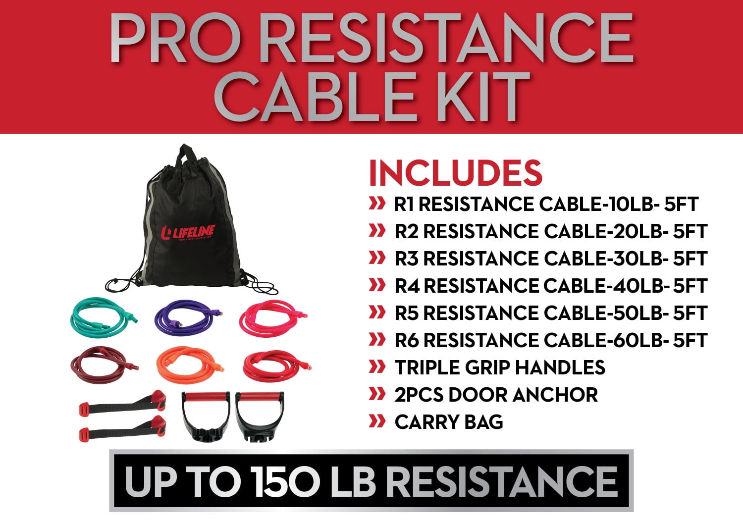 Lifeline Fitness Pro Resistance Training Kit with Resistance Cables, Handles, Door Anchor with Carry Bag. Great for Home, Gym or Travel