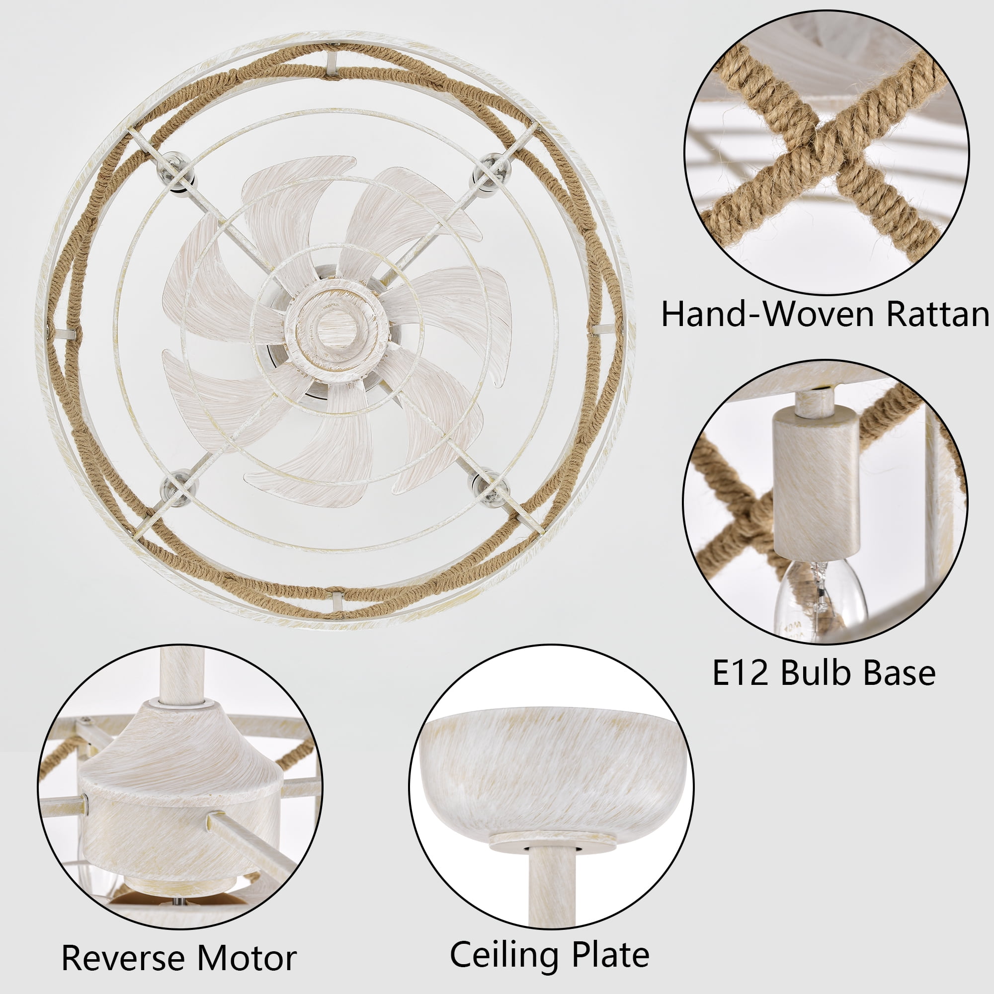 Maxax 18.9" Farmhouse Ceiling Fan with Lights, Vintage White 7-Blade Fan, 6-Speed Remote, Reversible Motor, 4 E12 Sockets, Bedroom Dining Room Living Room
