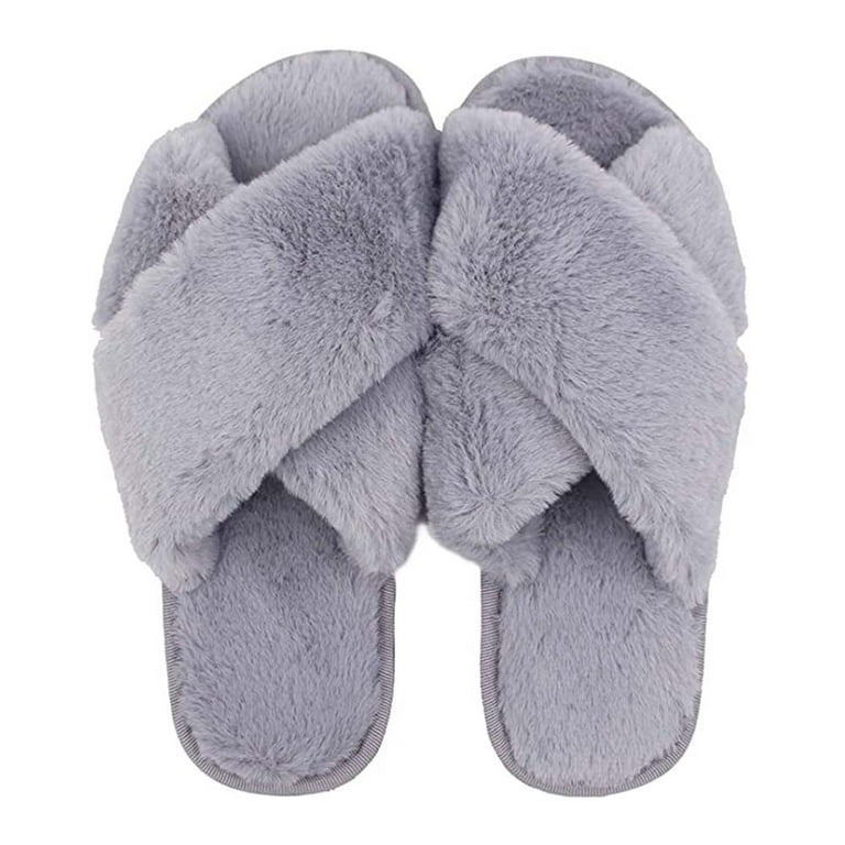 FSYZX Slippers for Women, Open Toe Fuzzy Fluffy House Slippers Cozy Memory  Foam Anti-Skid Plush Cross Furry Slippers Indoor Outdoor