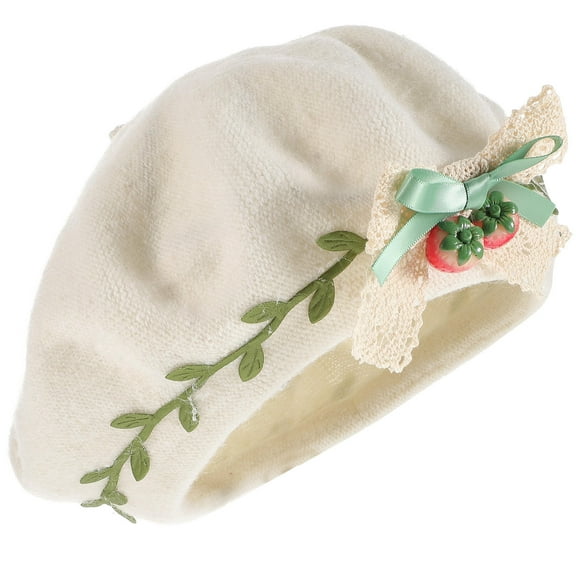 FUTUREORYY Kawaii Strawbeerry Hat Beige Wool 1Set Bow and Strawberry Pendant Design for Teens
