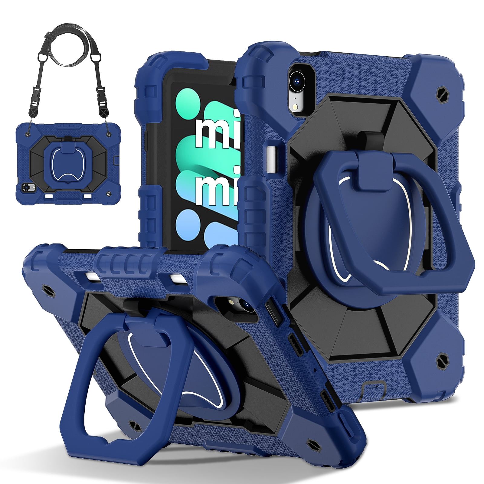 Dteck with Pencil Holder Case for mini A17 Pro 2024,iPad mini 6th Generation 8.3 inch Heavy Duty Silicone Case 360 Degree Rotating Handle Stand Cover with Shoulder Strap,Navy+Black