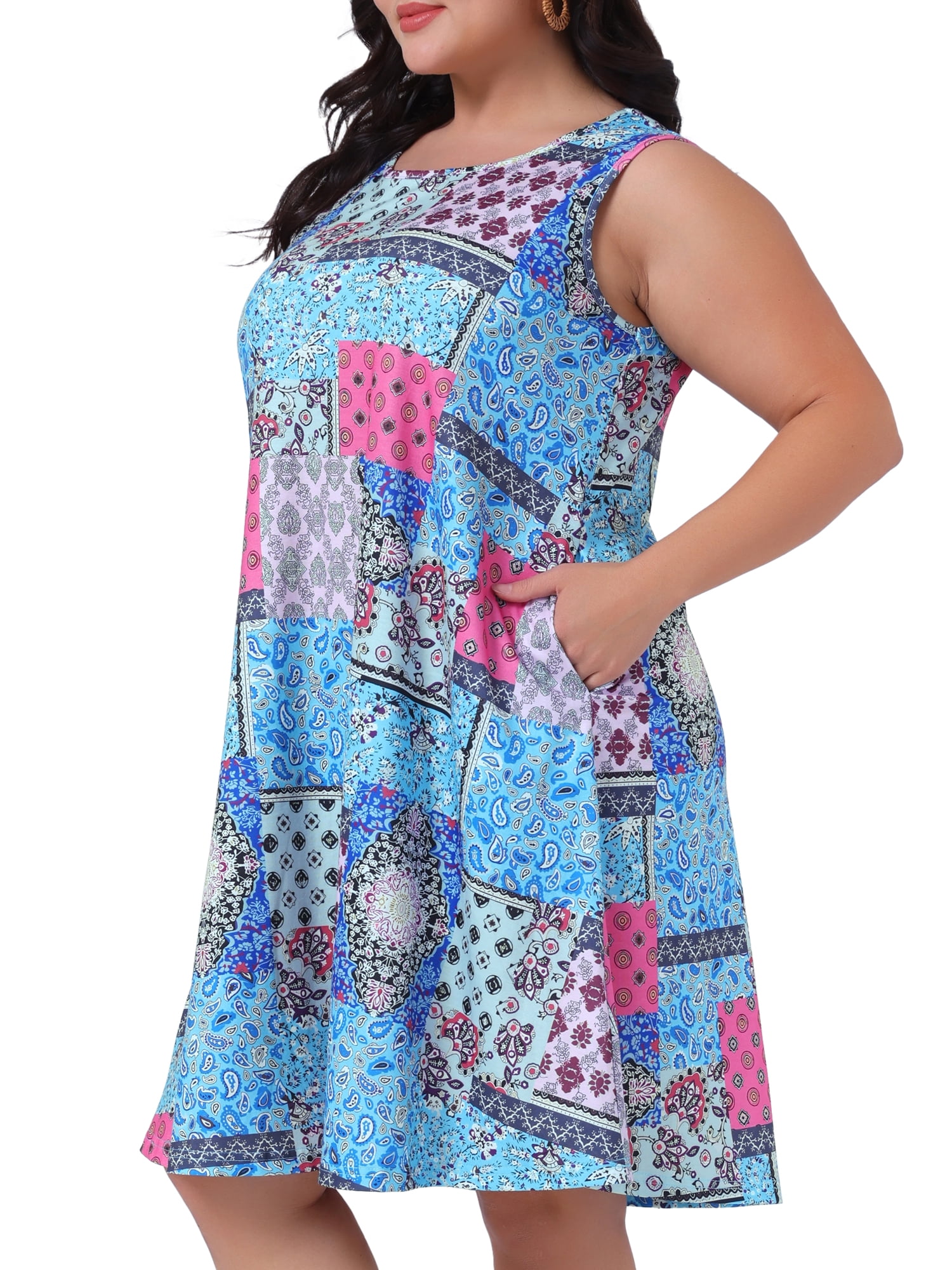 DARING DIVA Plus Size Floral Tank Sleeveless Boho Dress 4X Pink Blue