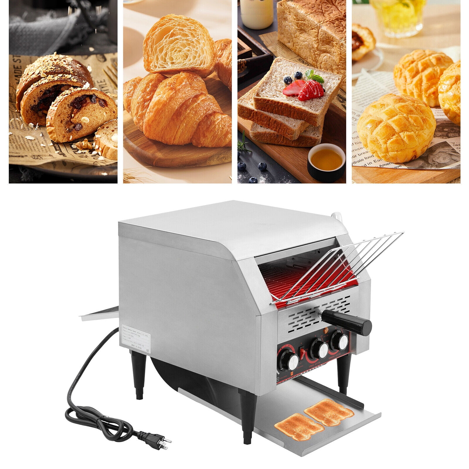 Miumaeov Commercial Conveyor Toaster 300 Slices/Hour Stainless Steel Industrial Toasters Conveyor Belt Toasters with Bread Clip for Restaurant Bakery