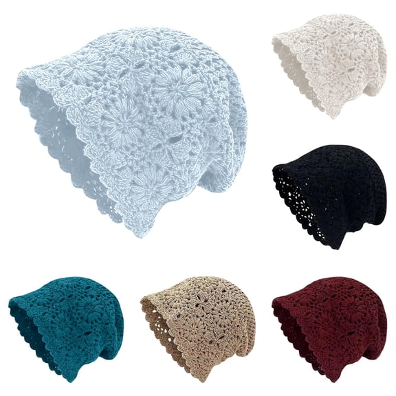 Ticikt Women Hollow Crochet Slouchy Beanie, Lightweight Breathable Retro Knit Versatile Sun‑Protective Crochet Skull Hat for Ladies,Light Blue