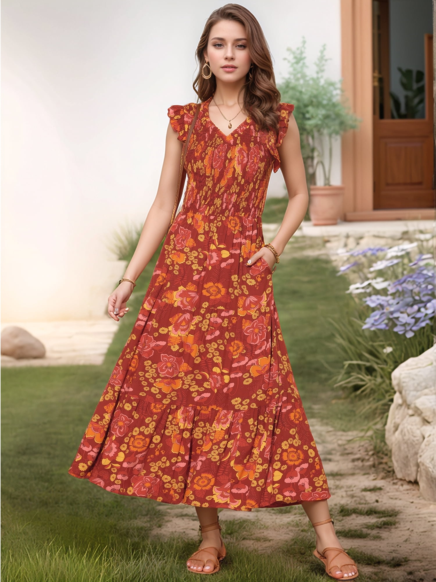 DARING DIVA V Neck Smocked Ruffle Tiered Maxi Dress M Brick Red