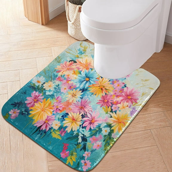 Toilet Rug U-Shaped Bathroom Rugs Non-Slip Soft Plush Machine Washable Contour Bath Mat Colorful Floral Bouquet 24x20