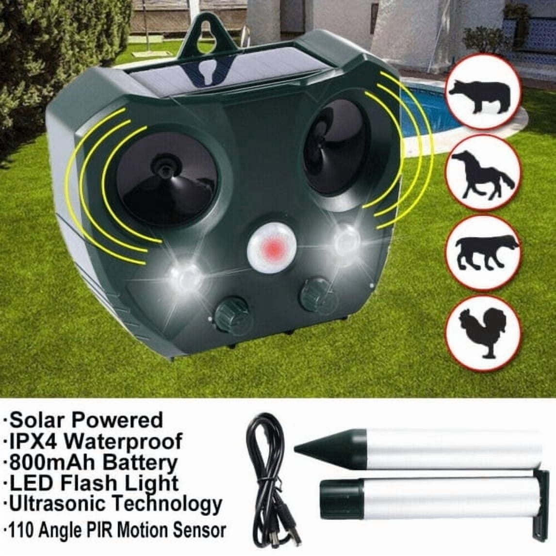 Animal Repellent Solar Powered Motion Sensor Safe & Humane Outdoor Waterproof Deer Raccoon Cat Squirrel Skunk Dog Rabbit Coyote (2Pack)