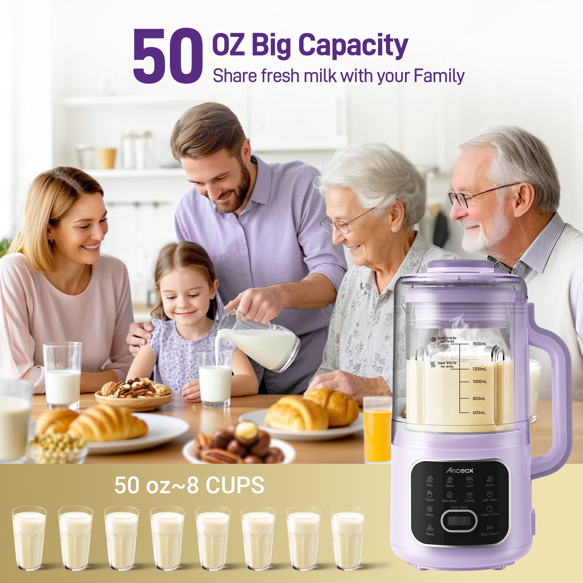 50OZ Nut Milk Maker,   10-in-1 Automatic Soy Milk Machine for Homemade Oat, Coconut, Almond, Yogurt, with Self-Clean, Delay Start, Keep Warm Boil Water