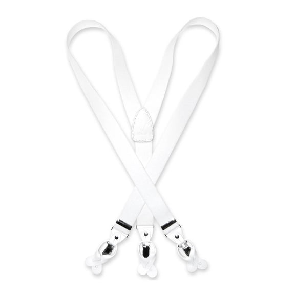 Men's Solid WHITE SUSPENDERS Y Shape Back Elastic Button & Clip Convertible
