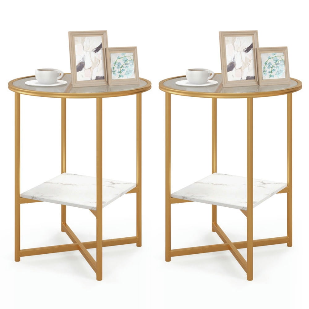 Finihen End Table, Tempered Glass End Table, 2-Tier Glass End Table Set of 2 with Faux Marble Storage Shelf, Sofa Side Table, Bed Side Table, for Living Room, Bedroom, White Finihen End Table, Tempered Glass End Table, 2-Tier Glass End Table Set of 2 with Faux Marble Storage Shelf, Sofa Side Table, Bed Side Table, for Living Room, Bedroom, White