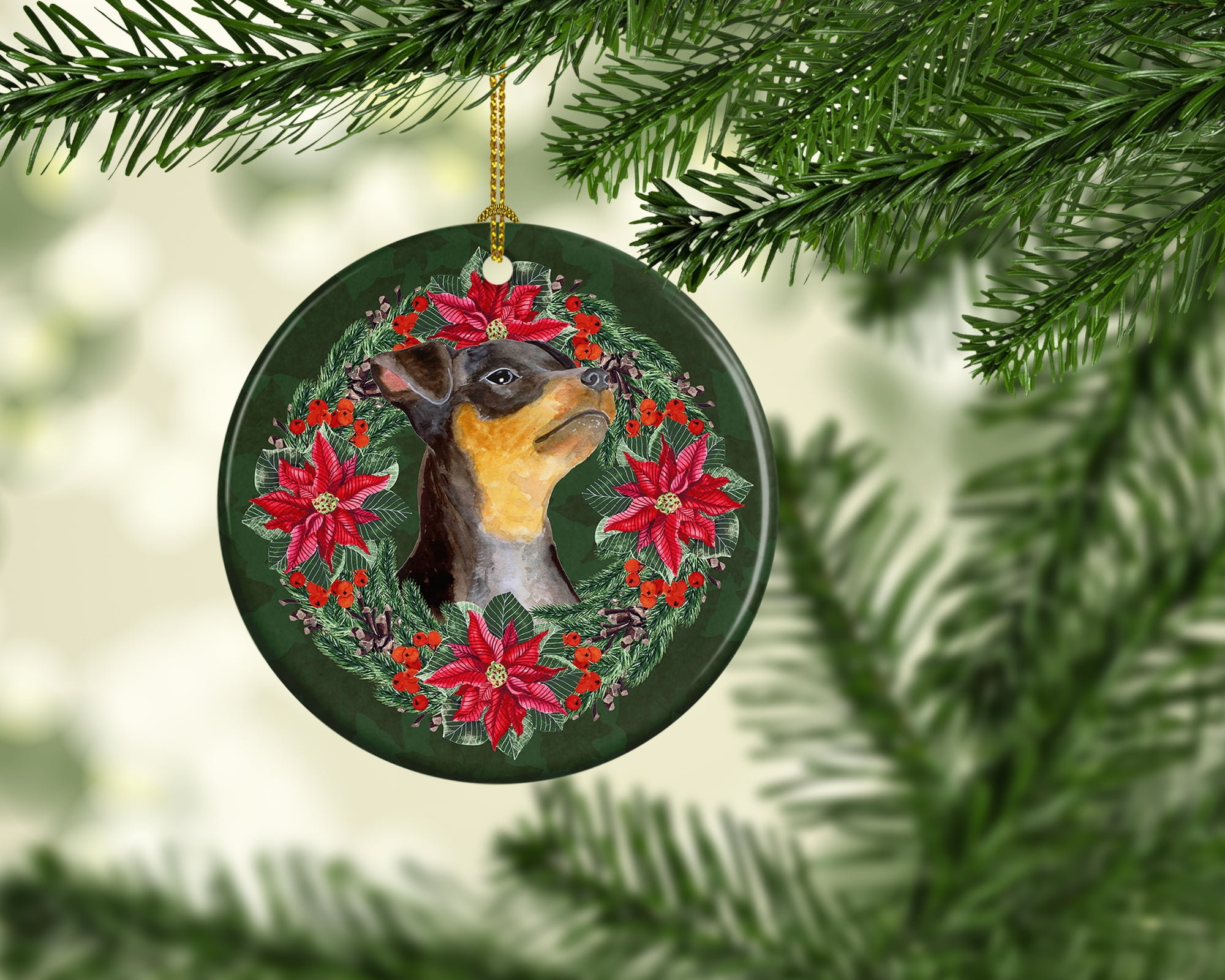 Miniature Pinscher #2 Poinsetta Wreath Ceramic Ornament 2.8 in x 2.8 in