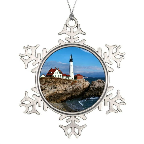 Christmas Ornaments, Portland Head Lighthouse Maine Pewter Ornament, Snowflake Ornament Tree Hanging Decor Gift,3 Inch