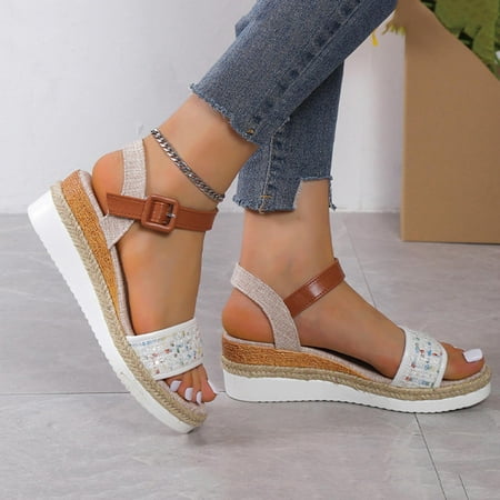 

Pejock Summer Sandals Savings Clearance 2023! Women s Open Toe Buckle Ankle Platform Wedge Sandals Wedge Heel Sandals Solid Color Casual Women s Sandals