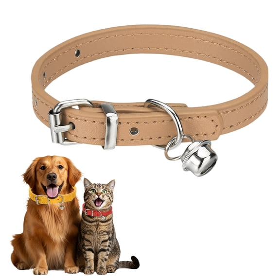 Dog Collar with Bell, Pu Leather Cat Collars Pet Basic Soft Padded Adjustable Buckle, 10" (Khaki, 1 Pcs)