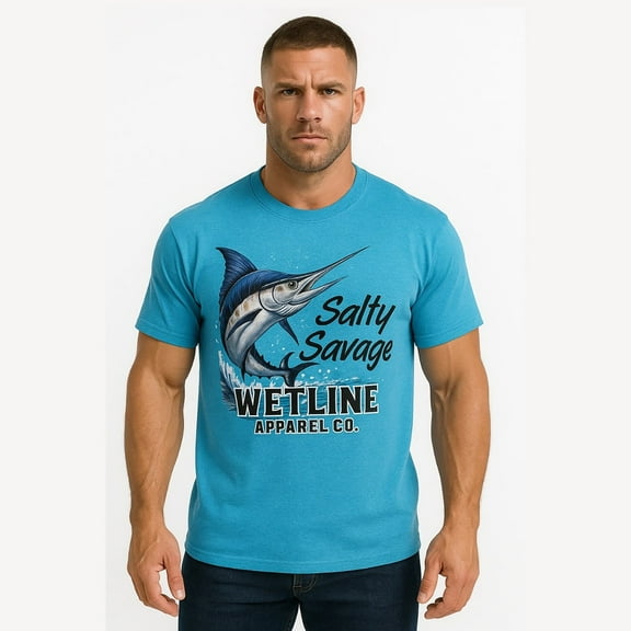 Wetline Apparel Co Salty Savage Sailfish Men's Graphic T-Shirt, Fishing Wear Heavy Cotton Short Sleeves Tee, S-5XL