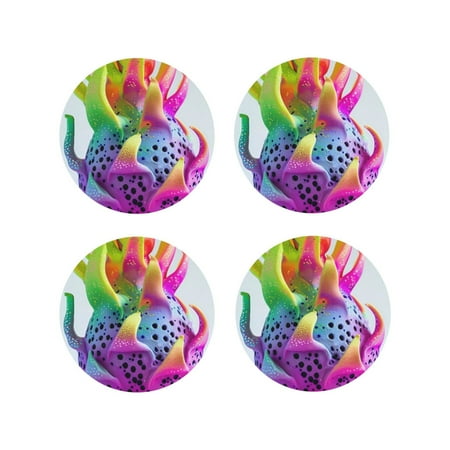 

KLL Drink Coasters Set Round Shape of 4 PU Leather Absorbent Coasters Set Decorative Coffee Cup Coasters Housewarming Gift for Home Decor-Colorful Glitter Dagon Fruit