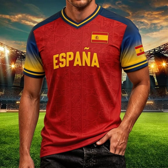 Mens Soccer Shirt Spain Raglan Tops Short Sleeve Summer Graphic Tee Casual V Neck T Shirt Sports Fan Casual Tops Tee L