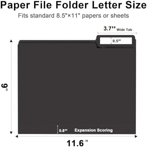 File Folder,  150 Pack 1/3 Cut Tab File Folders Letter Size, Black Folders for Dcouments, Folders with Tab Great for Organizing and Easy File Storage