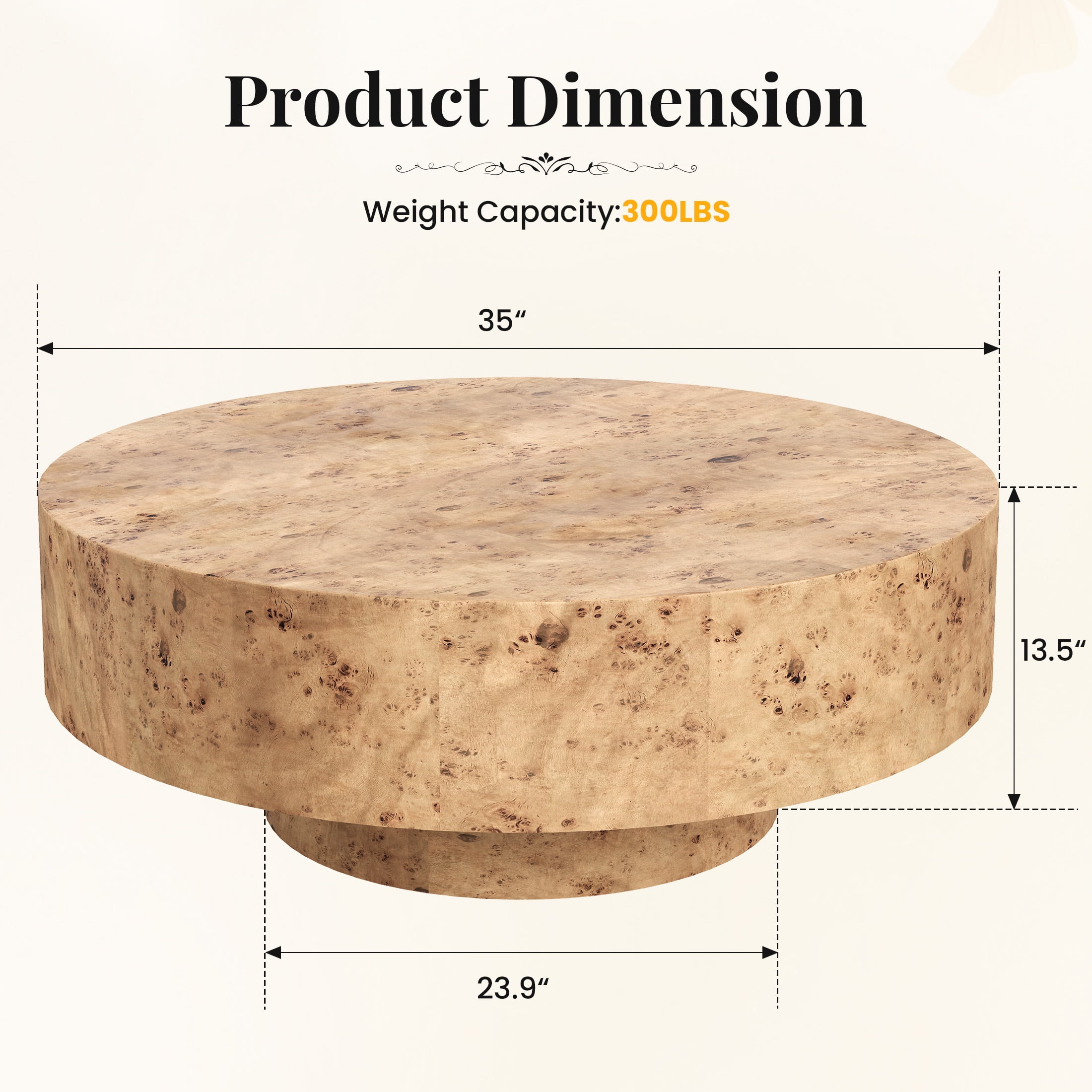 Gelloan 35" Round Coffee Table, Modern Drum Burl Coffee Tables for Living Room 35" Mid Century Wooden Pedestal Circle Accent Small Center Apartment Easy Assembly,Burl