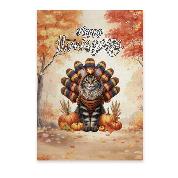 Happy Thanksgiving Maine Coon Turkey Costume Pumpkins Autumn Leaves Vertical Matte Canvas Poster Cat Lover Kitten Owner Gifts Wall Art Home Decor - 130144