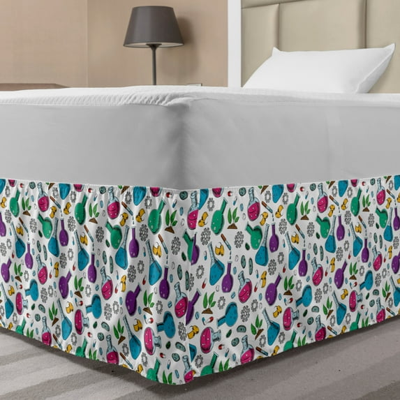 Lab Bed Skirt, Chemicals Pills Bacteria Cell and Plant Medical Pharmaceutical and Botanical Research, Elastic Bedskirt Dust Ruffle Wrap Around for Bedding Decor, 4 Sizes, Multicolor, by Ambesonne