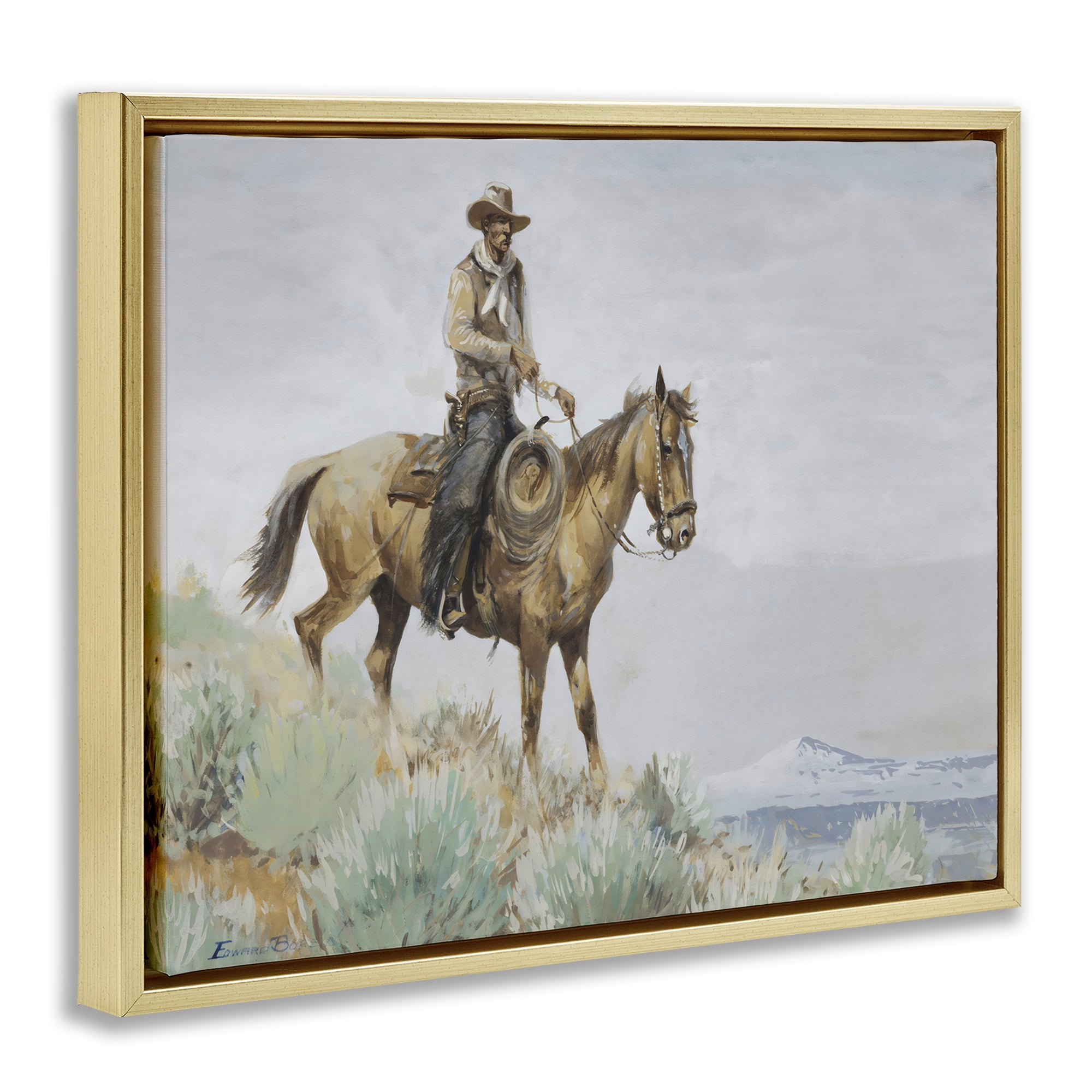 Stupell Industries Mounted Cowboy on Sagebrush Ridge Gold Framed Floater Canvas Wall Art, design by Arlington Prints