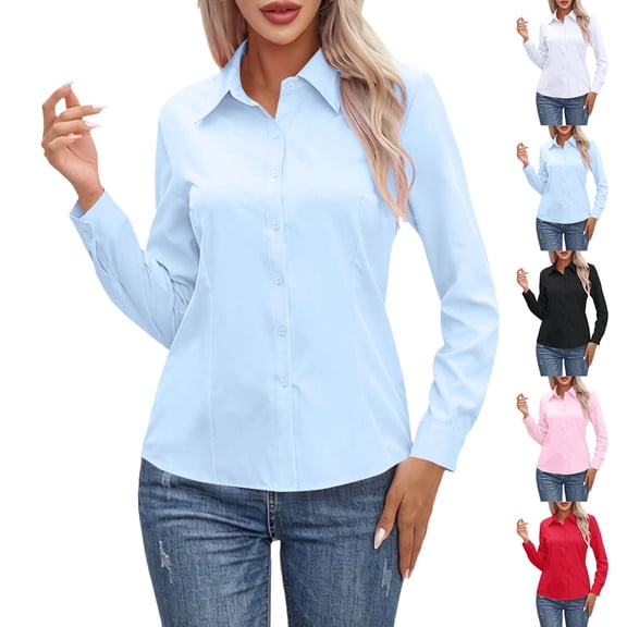 Only Moment Button Down Shirts for Women Long Sleeve V Neck Polyurethane Fiber Blouses Dressy Casual Work Shirt 2026 Summer Spring Fashion Clothing Blue,S
