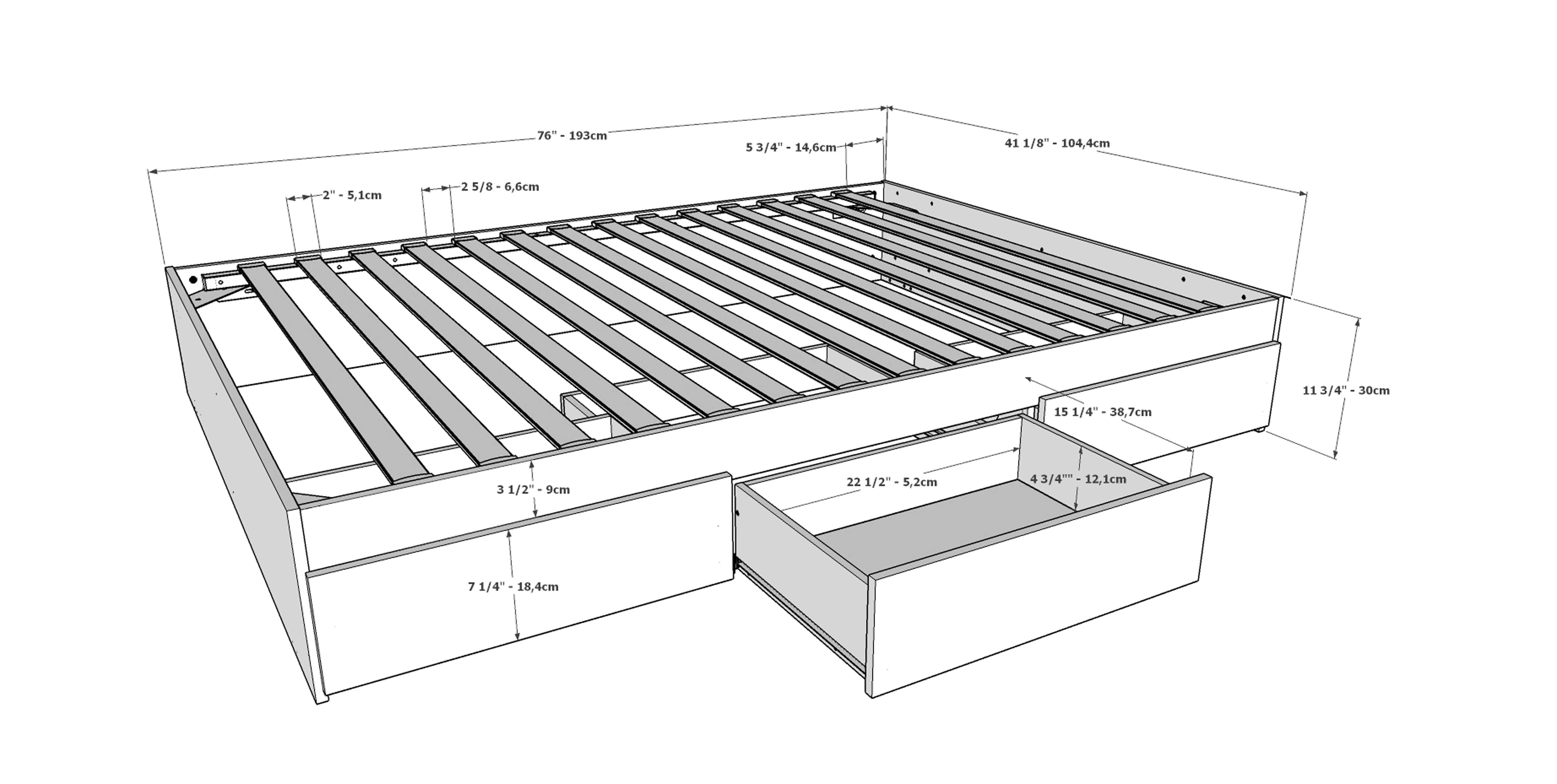 Nexera Twin Size Storage Wood Bed Frame with 3 Drawers, Bark Gray