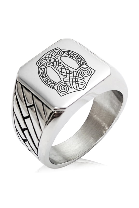 Stainless Steel Majesty Thor's Hammer Mjolnir Viking Geometric Pattern Biker Style Polished Ring