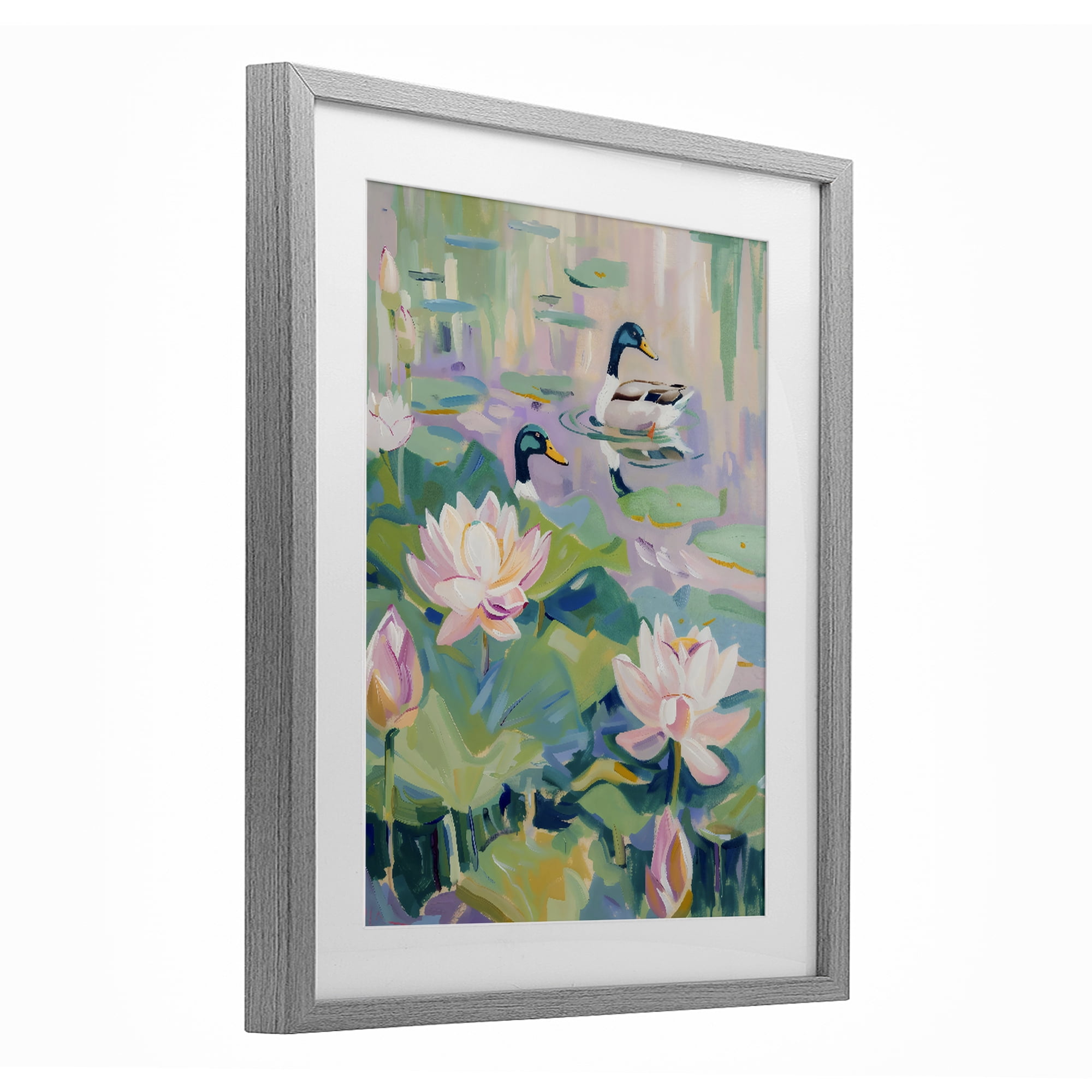 Stupell Industries Duck Pond with Lotus Flowers Gray Framed Print Under Glass, design by The Prints Vibe