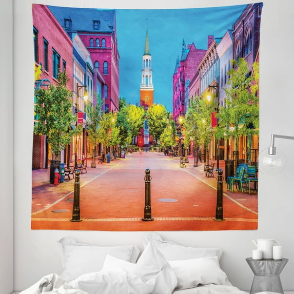 America Tapestry, Marketplace in the Town Wide Street Historical Design Vintage View Panorama, Fabric Wall Hanging Decor for Bedroom Living Room Dorm, 5 Sizes, Multicolor, by Ambesonne