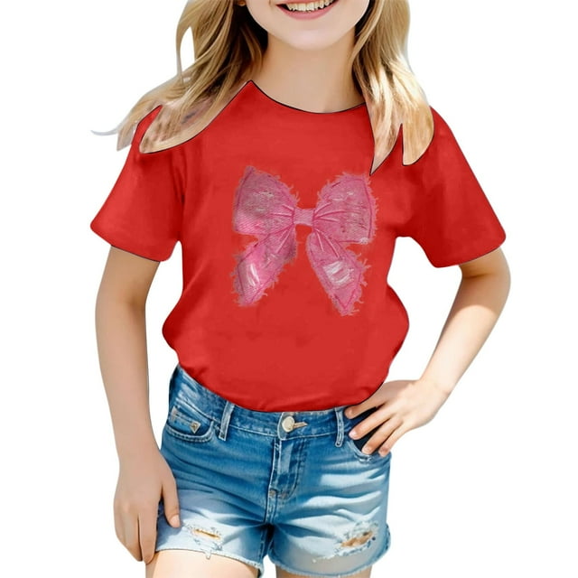 Shirts Girls Children's Casual Letter Pattern Print Multicolor Round Neck Short Sleeves Girls' Tops, Tees Red 3 Years-4 Years