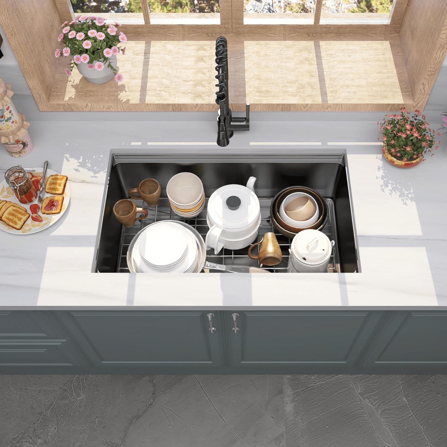 Izzovium 32 Inch Gunmetal Black Undermount Workstation Kitchen Sink, 16 Gauge Stainless Steel Single Bowl Sink with Accessories, 10 Inch Deep, R10 Radius, Handmade Design