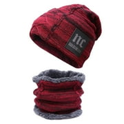 Ski Boys Girls Beanies Knitted Hat Winter Warm Cap and Scarf Set Thickened Wool Beanie Hat Windproof Hat Scarf WINE RED