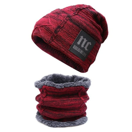 Ski Boys Girls Beanies Knitted Hat Winter Warm Cap and Scarf Set Thickened Wool Beanie Hat Windproof Hat Scarf WINE RED