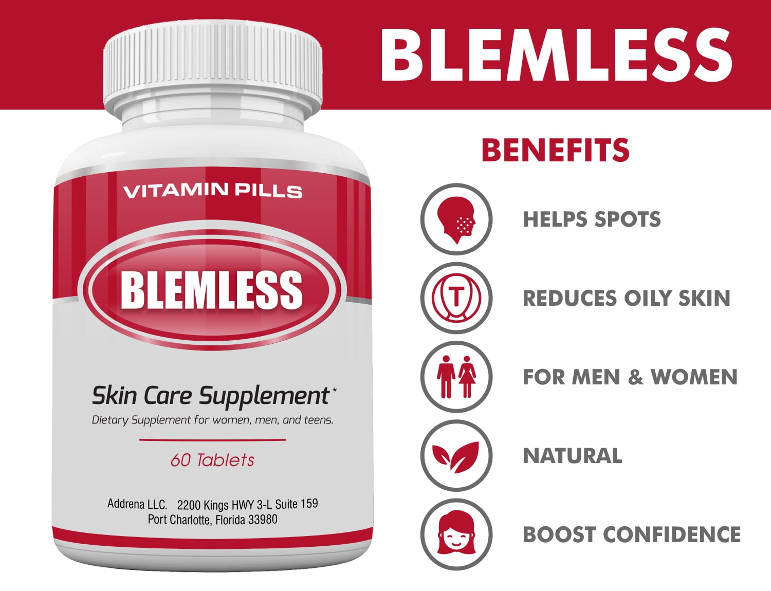 Blemless Skin Care Supplement Acne Pills with Vitamin B5, Vitamin A, Selenium, and NAC | Helps Oily Skin & Blemishes for Women, Men, Teens & Adults | 60 count