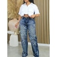 thumbnail image 4 of Denim Jeans for Women Stretch Mid Rise Button Elastic Waist Jeans Cross Embellished Wide Leg Jeans Perfect for Edgy Casual Streetwear Looks, 4 of 7