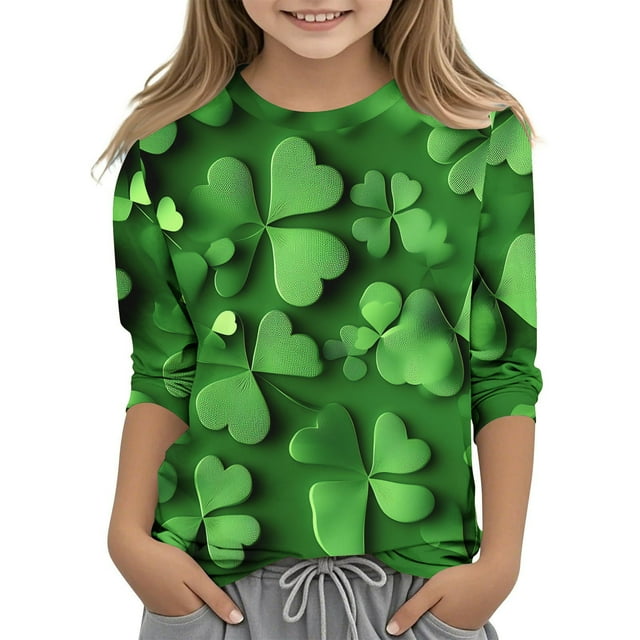 Posijego T-Shirt Filles Garçons Fête de la Saint-Patrick Manches 3/4 Col Rond Graphique Tee Ample Décontracté