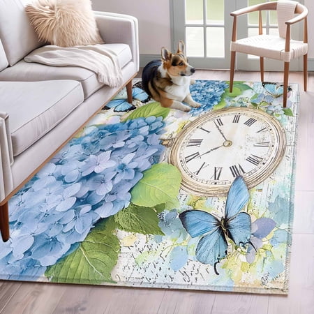 Blue Hydrangea Retro Area Rug 3x5 FT Non Slip Entryway Bedside Carpet Spring Summer Clock Butterfly Washable Soft Floor Carpet Indoor Mat Non-Shedding Throw Rugs for Dorm Kitchen Home Office