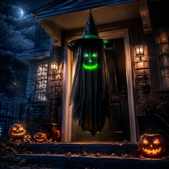 Halloween Witch Hat Ghost Pendant Light, LED Night Light Hanging Decoration Outdoor Yard Door Porch Tree Window Decor Spooky Halloween Party Scene Ornament For Hau*nted Hous Display