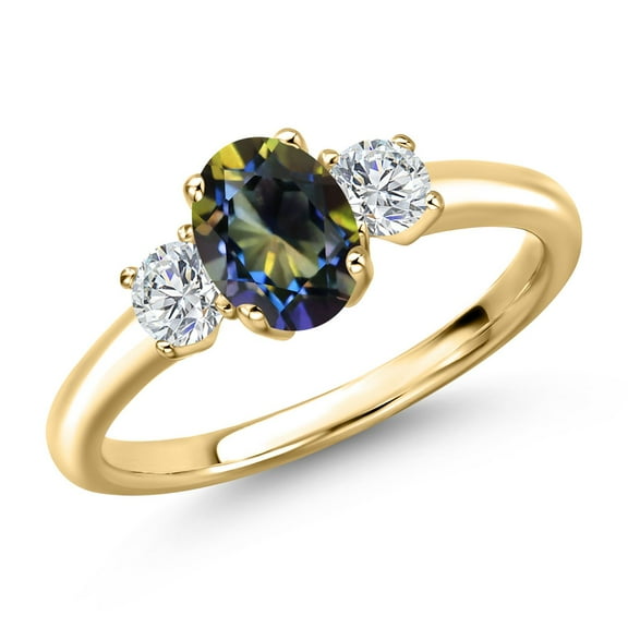 Gem Stone King 10K Yellow Gold Blue Mystic Topaz and Lab Grown Diamond Engagement Ring for Women | 1.29 Cttw | Oval 7X5MM | Gemstone November Birthstone | Size 7