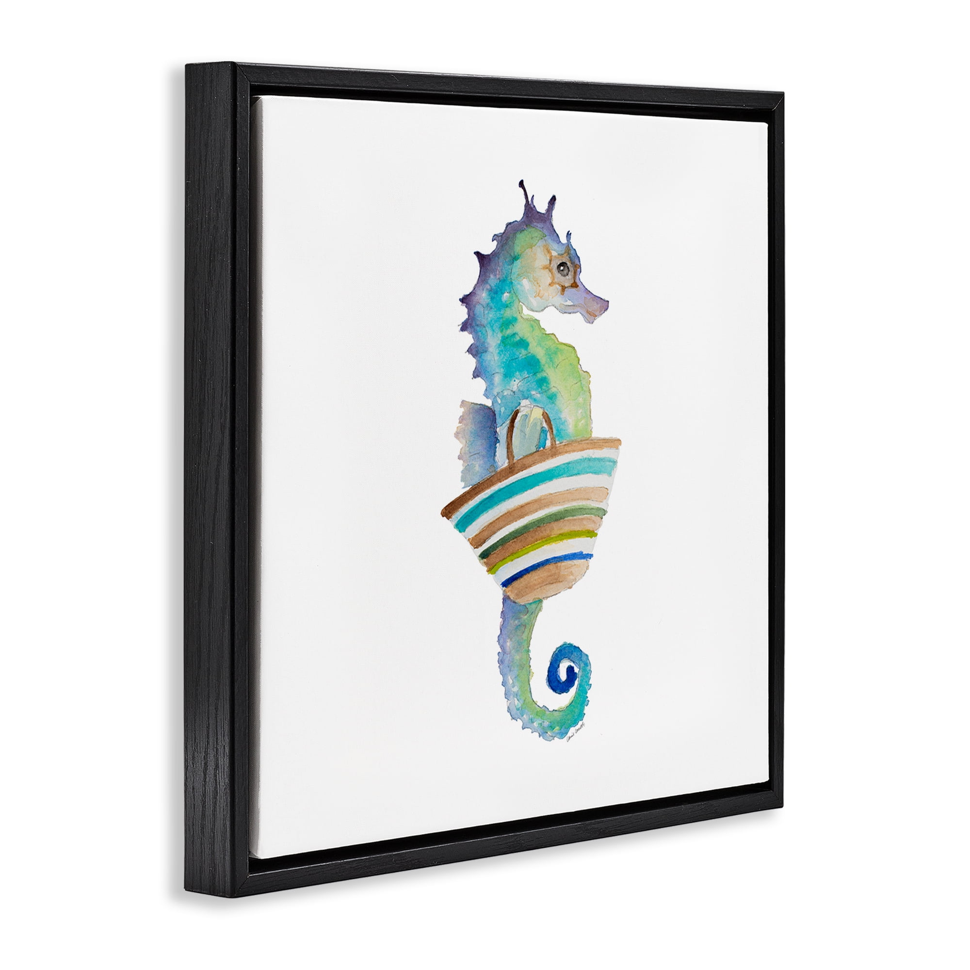 Stupell Industries Summer Ready Seahorse Novelty Painting Black Floater Framed Canvas Art Print Wall Art, 18 x 18