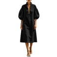 thumbnail image 4 of Stralyhd Women's Dresses Stand Collar Half Front Zipper Puff Sleeve Midi Dresses 2026 Summer Linen Going Out Loose Casual Midi Dress Black XXL, 4 of 4