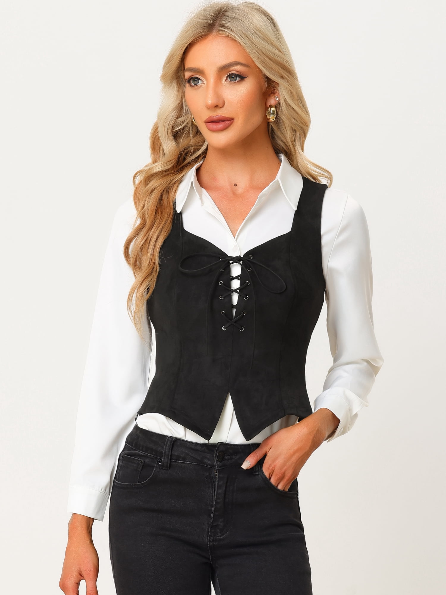 DARING DIVA Women's Faux Suede Vest Lace Up Party Sleeveless Jacket S Black